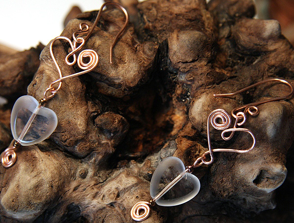 Acharya Earrings - Copper and Frosted Glass Wire Wrapped Hearts