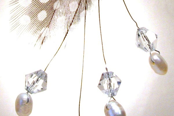 Long Feather Polka Dot Earring with Pearls and Crystals