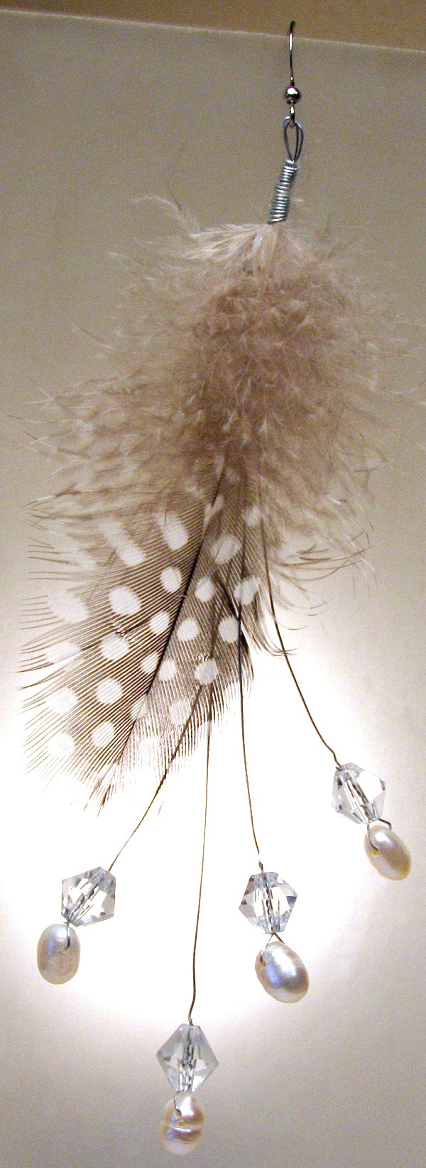 Long Feather Polka Dot Earring with Pearls and Crystals