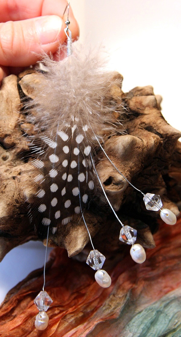 Long Feather Polka Dot Earring with Pearls and Crystals