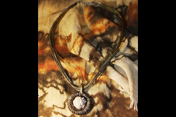 Monkey`s Fist Knot Ball - Olive Green Wrapped Ring Necklace