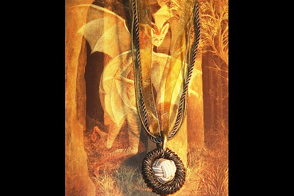 Monkey`s Fist Knot Ball - Olive Green Wrapped Ring Necklace