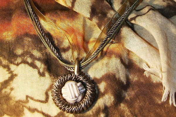 Monkey`s Fist Knot Ball - Olive Green Wrapped Ring Necklace