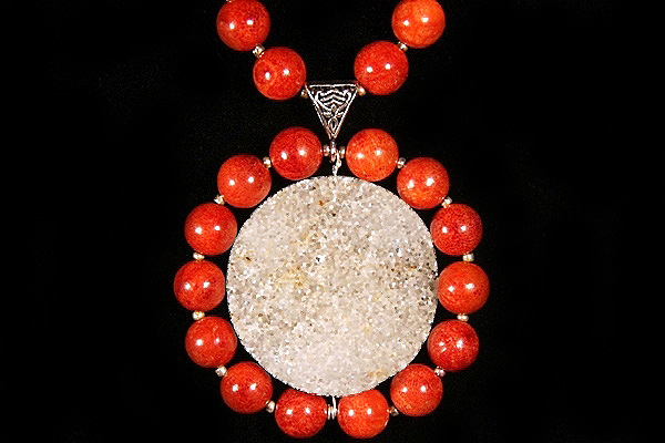 Drusy Quartz Encircled by Red Sponge Coral XL