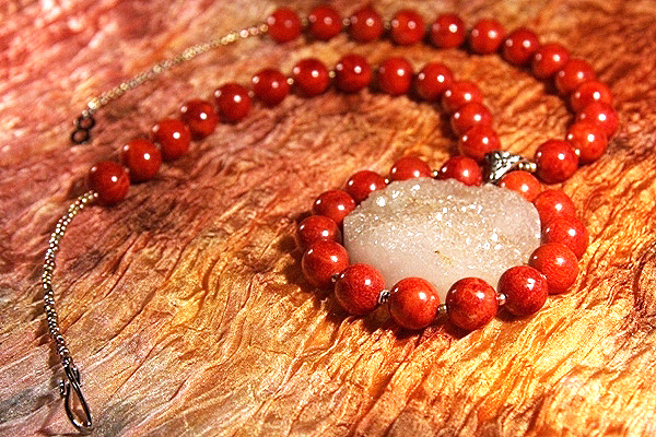 Drusy Quartz Encircled by Red Sponge Coral XL