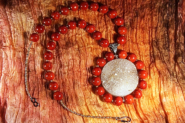 Drusy Quartz Encircled by Red Sponge Coral XL