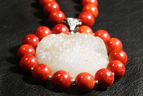 Drusy Quartz Encircled by Red Sponge Coral XL