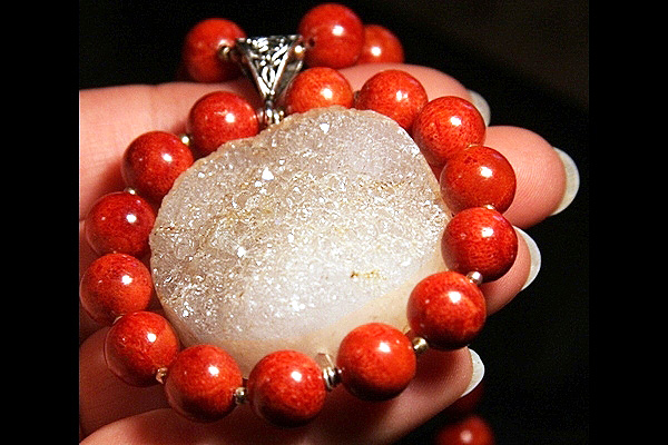 Drusy Quartz Encircled by Red Sponge Coral XL