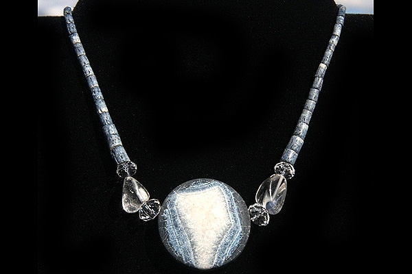 Genuine Blue Coral Necklace with Huge Frosted Blue Agate and Clear Rock Quartz