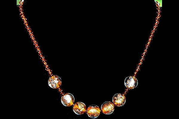 Amber Silver Leaf Murano Glass Ball and Smoked Topaz Swarovski Crystal Necklace