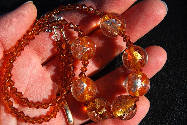 Amber Silver Leaf Murano Glass Ball and Smoked Topaz Swarovski Crystal Necklace
