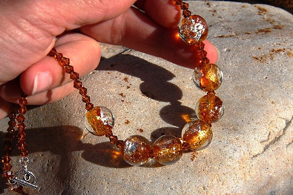 Amber Silver Leaf Murano Glass Ball and Smoked Topaz Swarovski Crystal Necklace