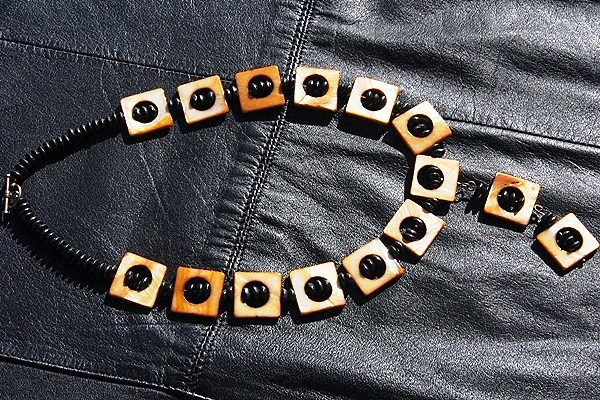 Golden Mother of Pearl and Black Ebony Wood Necklace