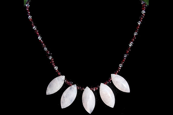 Tiny Genuine Red Garnet and Clear Swarovski Necklace with Rose Quartz