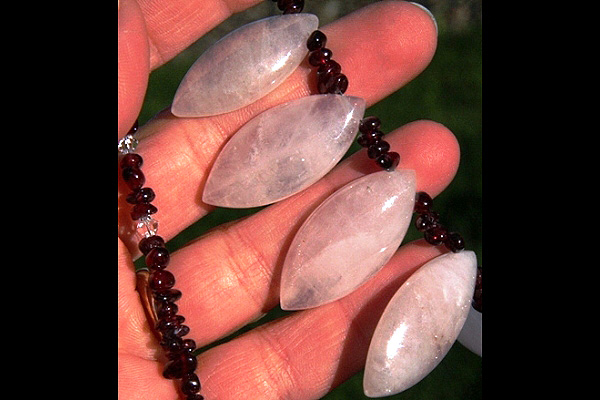 Tiny Genuine Red Garnet and Clear Swarovski Necklace with Rose Quartz