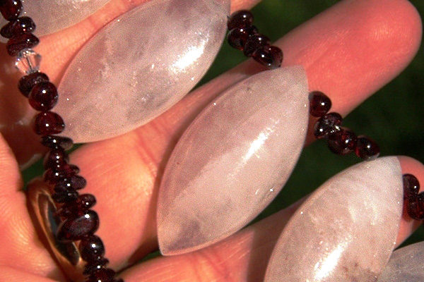 Tiny Genuine Red Garnet and Clear Swarovski Necklace with Rose Quartz