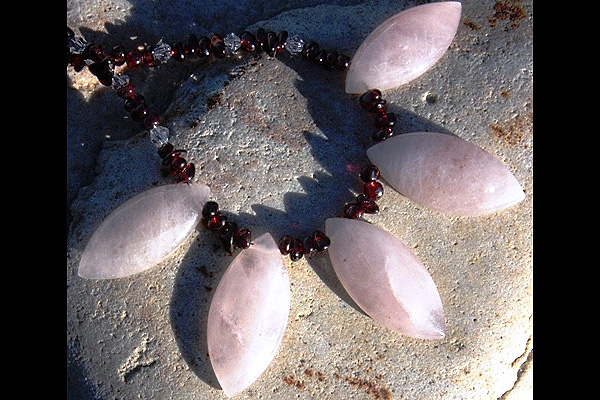 Tiny Genuine Red Garnet and Clear Swarovski Necklace with Rose Quartz