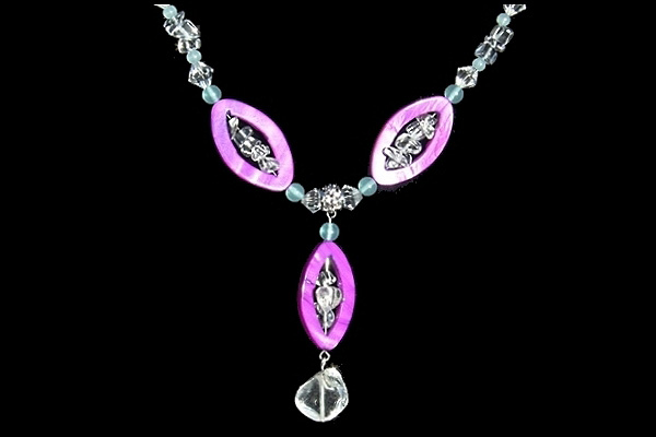 Bright Purple Mother of Pearl with Natural Larimar and Rock Quartz Necklace