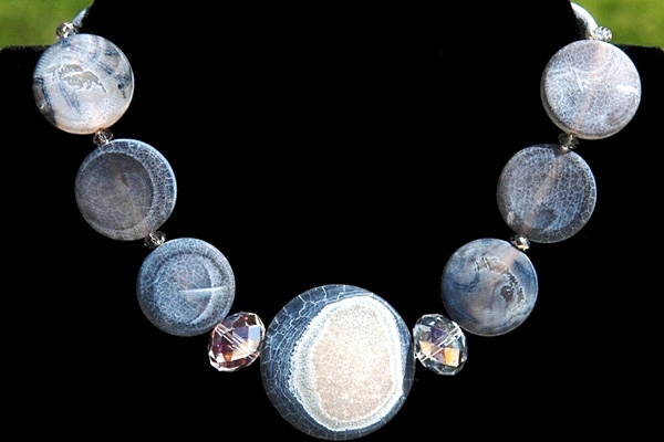 Frosted Blue Agate Gemstone Disc Necklace with Enormous Swarovski Rondelles