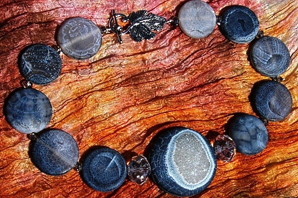 Frosted Blue Agate Gemstone Disc Necklace with Enormous Swarovski Rondelles