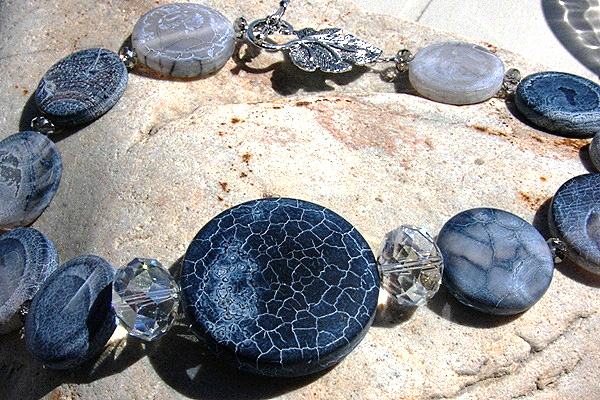 Frosted Blue Agate Gemstone Disc Necklace with Enormous Swarovski Rondelles