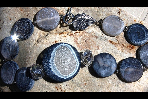 Frosted Blue Agate Gemstone Disc Necklace with Enormous Swarovski Rondelles