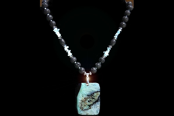 Wild Crystal Slice with Black Lava and Aquamarine Gemstone Necklace