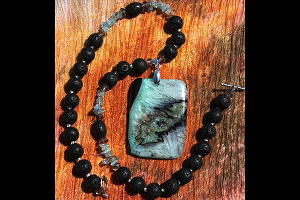 Wild Crystal Slice with Black Lava and Aquamarine Gemstone Necklace