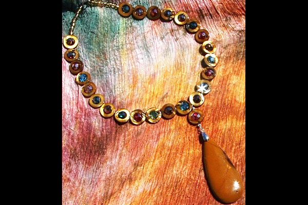 Golden Jasper and Mother of Pearl with Colorful Swarovski Jewel Necklace