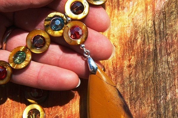Golden Jasper and Mother of Pearl with Colorful Swarovski Jewel Necklace