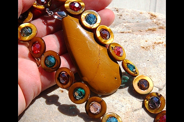 Golden Jasper and Mother of Pearl with Colorful Swarovski Jewel Necklace
