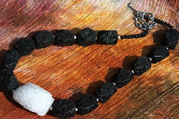 XXL Lava Stone Necklace with Snow White Drusy Crystal Cluster