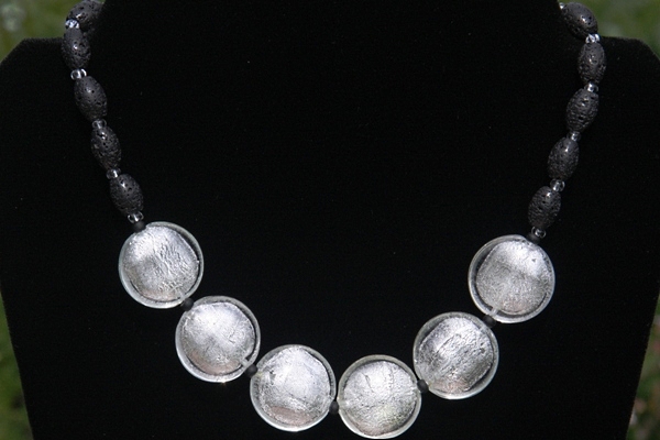 Stunning Big Silver Leaf Murano Glass Disc and Lava Stone Necklace