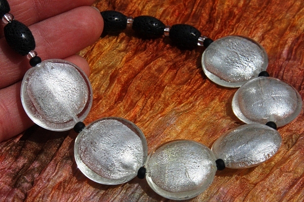 Stunning Big Silver Leaf Murano Glass Disc and Lava Stone Necklace