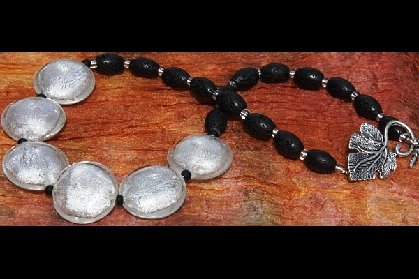 Stunning Big Silver Leaf Murano Glass Disc and Lava Stone Necklace