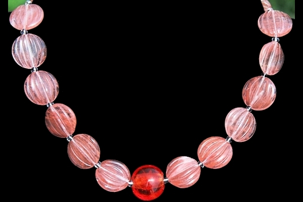 Delicate Carved Watermelon Quartz and Bright Red Lampwork Glass Necklace