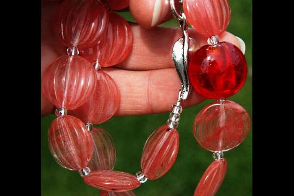 Delicate Carved Watermelon Quartz and Bright Red Lampwork Glass Necklace