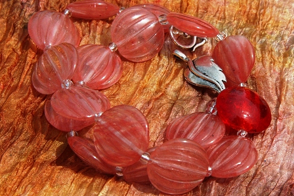 Delicate Carved Watermelon Quartz and Bright Red Lampwork Glass Necklace