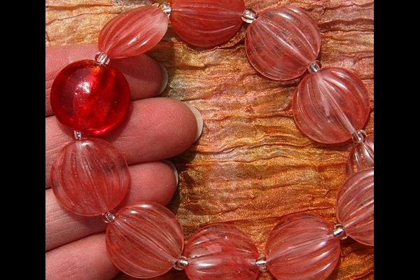 Delicate Carved Watermelon Quartz and Bright Red Lampwork Glass Necklace