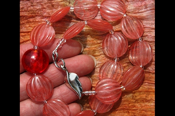 Delicate Carved Watermelon Quartz and Bright Red Lampwork Glass Necklace