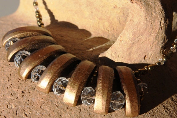 Wood and Swarovski Crystal BOLD and GOLD WAVE Necklace