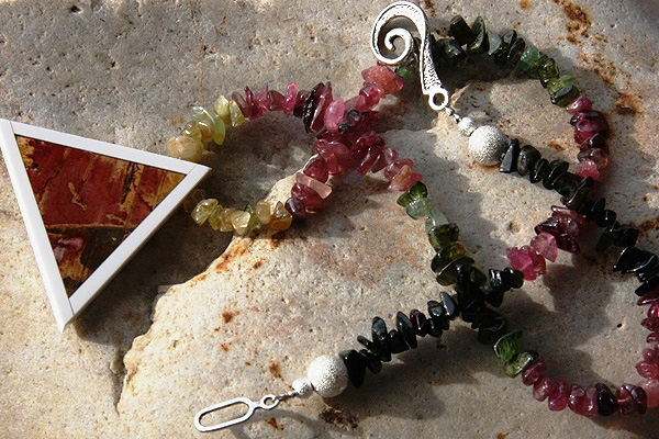 Picture Jasper Intarsia Triangle Pendant and Genuine Tourmaline Gemstone