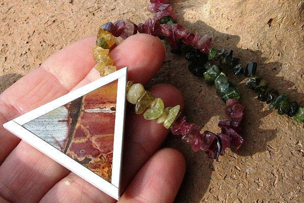 Picture Jasper Intarsia Triangle Pendant and Genuine Tourmaline Gemstone