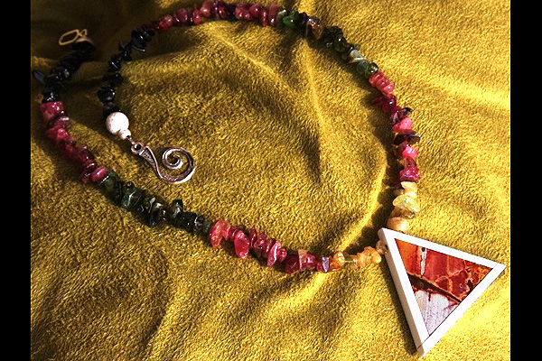 Picture Jasper Intarsia Triangle Pendant and Genuine Tourmaline Gemstone