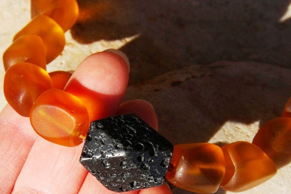 Amber Frosted Tumbled Glass Chunks and Black Lava Stone Necklace
