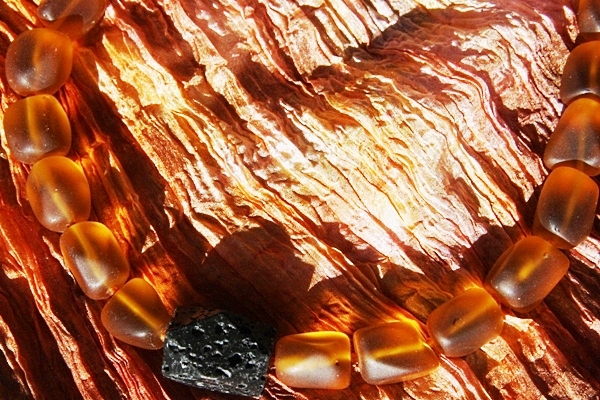 Amber Frosted Tumbled Glass Chunks and Black Lava Stone Necklace