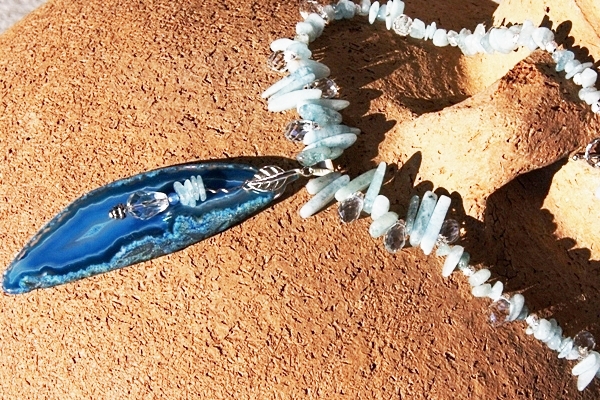 Fairytale Aquamarine Necklace with Long Blue Agate Slice Pendant