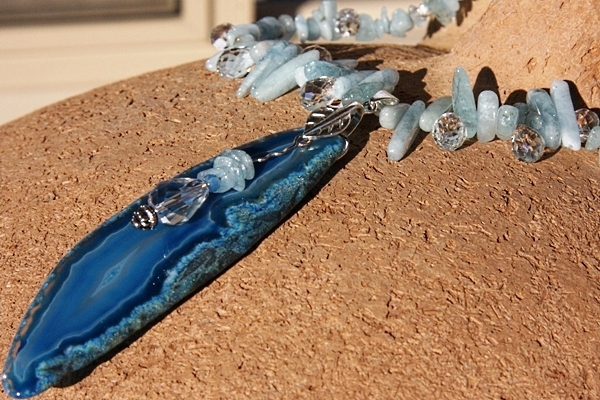 Fairytale Aquamarine Necklace with Long Blue Agate Slice Pendant