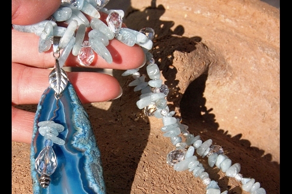 Fairytale Aquamarine Necklace with Long Blue Agate Slice Pendant
