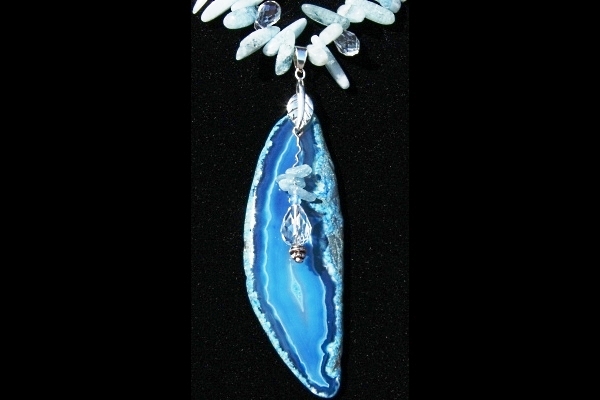 Fairytale Aquamarine Necklace with Long Blue Agate Slice Pendant